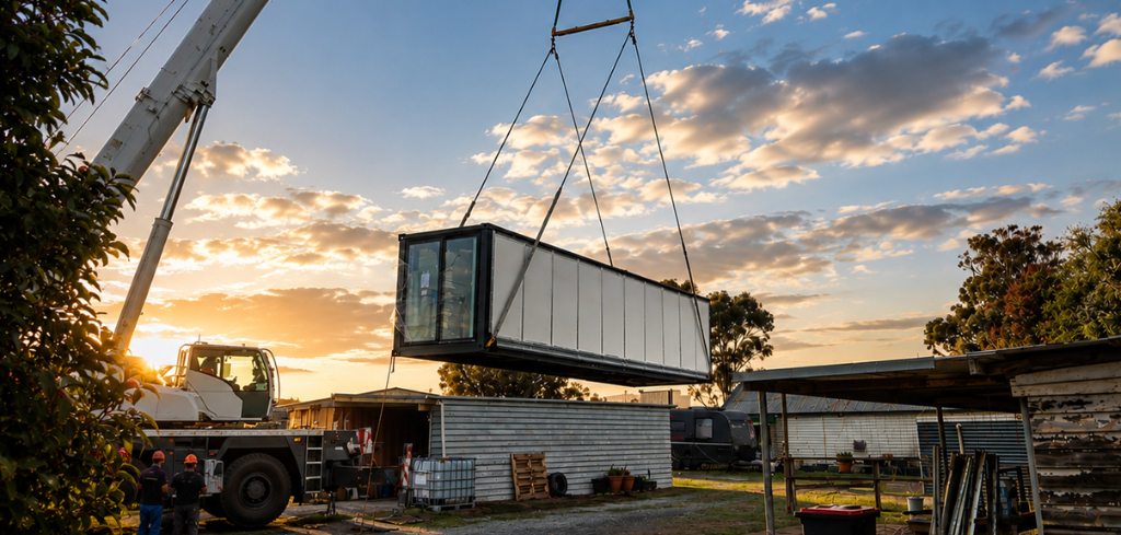 Expandable cottage suspended from a crane at golden hour, workers in orange hard hats guiding the installation against a warm sunset sky.