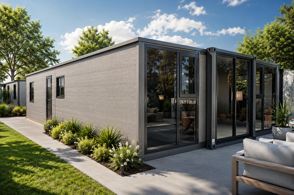 Premium finished Homes & Domes cottage with grey cladding, black-framed glass entrance, landscaped garden and patio — the aspiration of a personalised cottage.