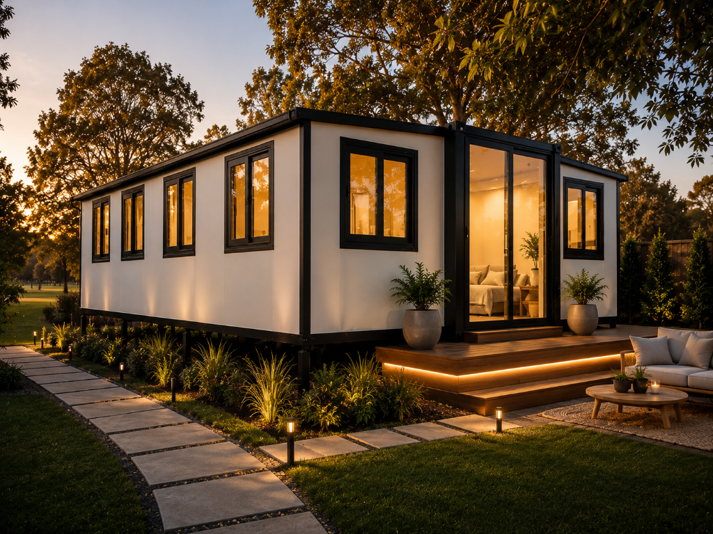 30ft Catalyst Series expandable cottage at twilight — white panel exterior with black-framed windows, timber deck with LED stair lighting.