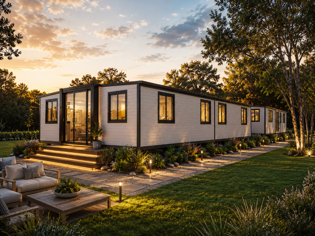 40ft Karlen Series expandable cottage at twilight — wide architectural view showing the full length of the white panelled home.