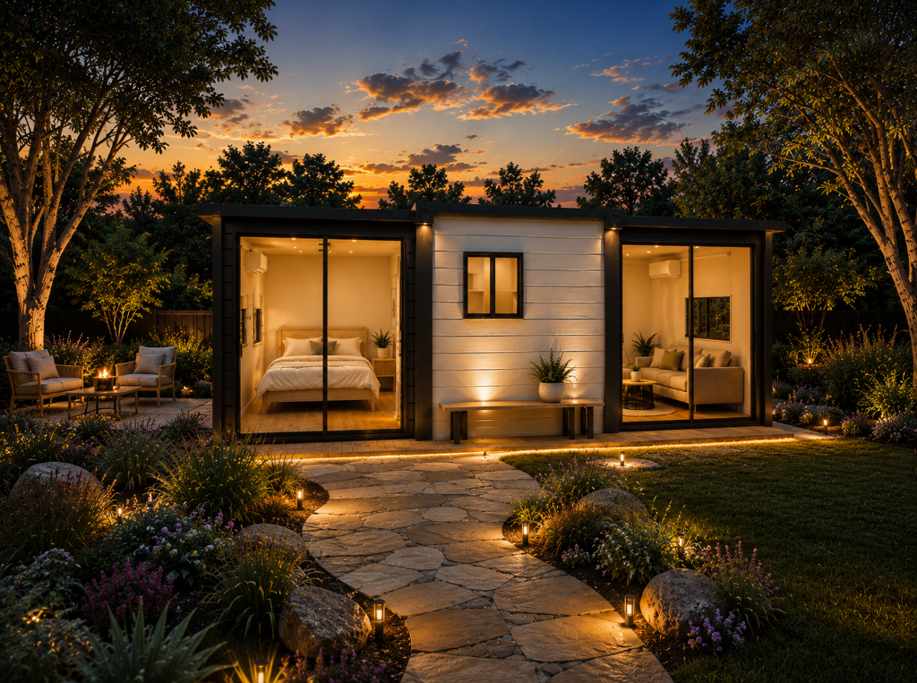 Homes & Domes premium cottage at twilight — warm interior lighting, landscaped garden and stone pathway under a sunset sky.