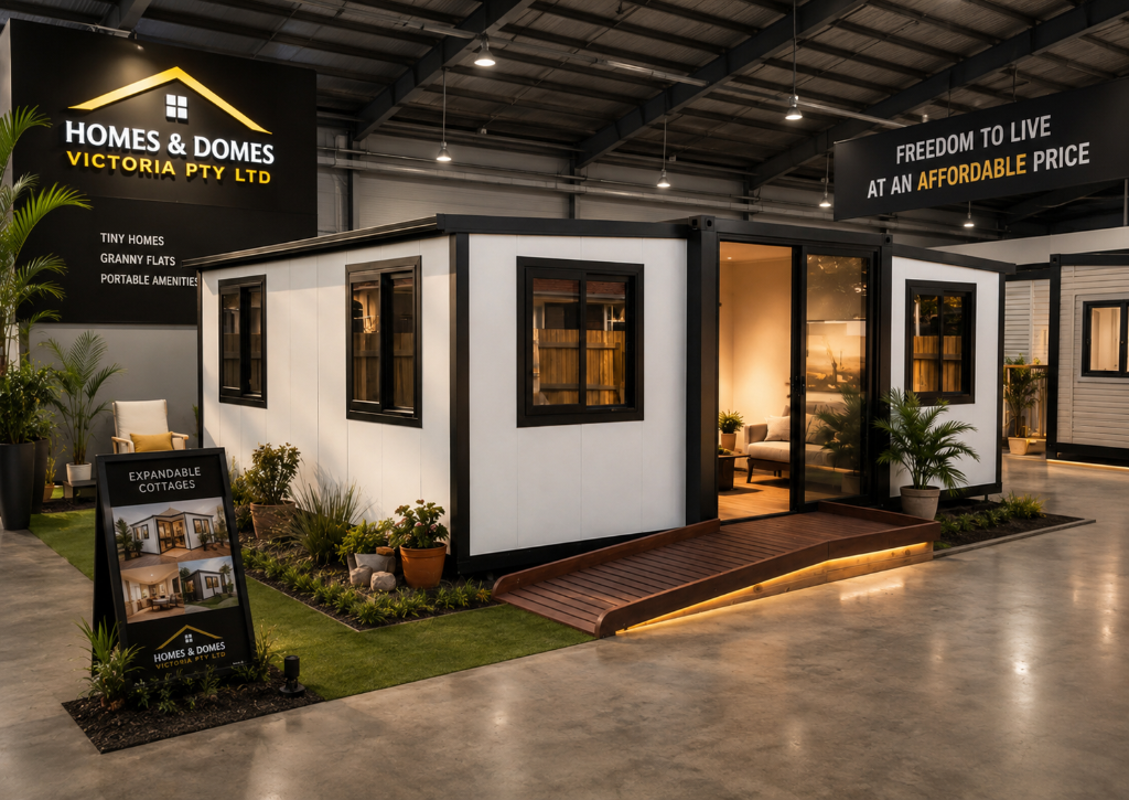 Interior of the Homes & Domes Victoria showroom at 109 Archer Street, Shepparton, featuring a premium expandable cottage display with integrated ramp, branding, and signage.