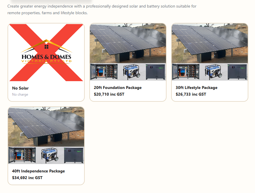 Off-grid solar and battery package — solar panels, battery cabinet and generator.