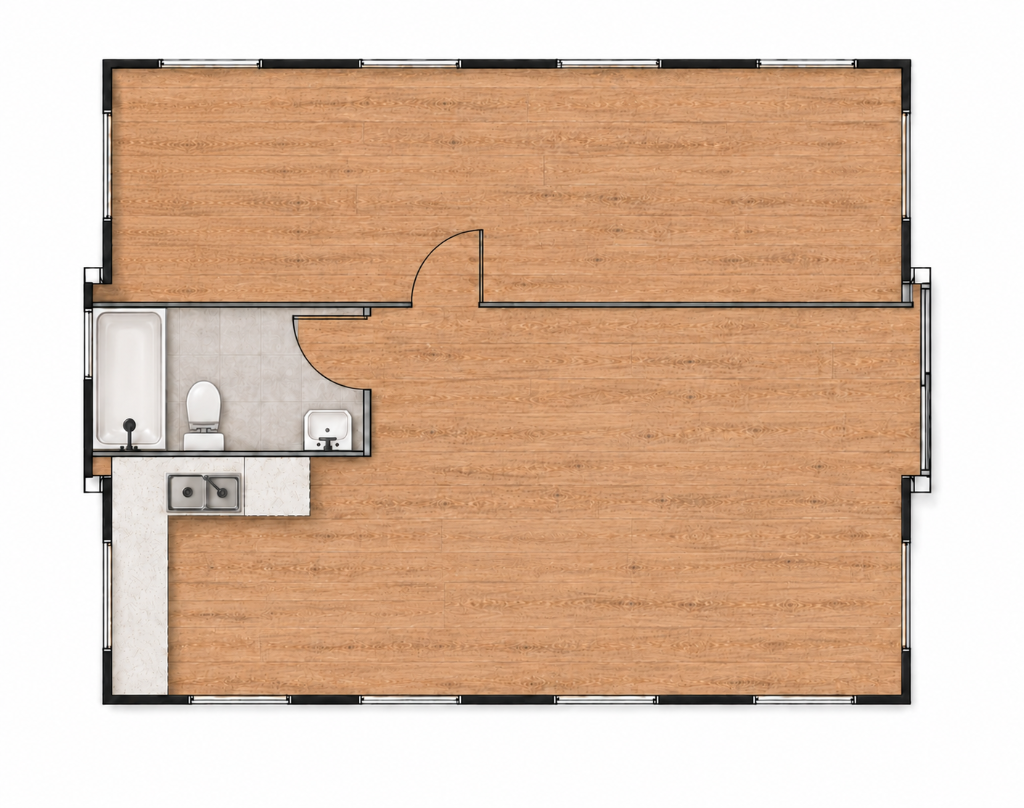 Catalyst One XL Bedroom — Spacious single XL bedroom layout with open-plan living.