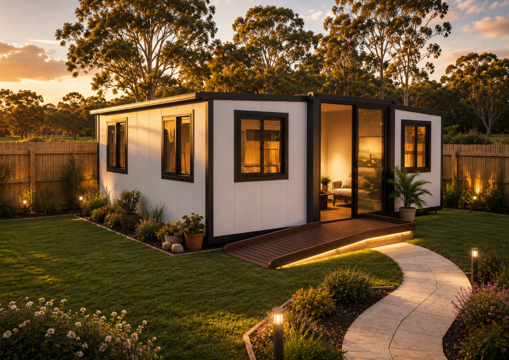 20ft Halo Series expandable cottage — white panels with black-framed windows and sliding glass door, warm interior lighting, landscaped garden at sunset.