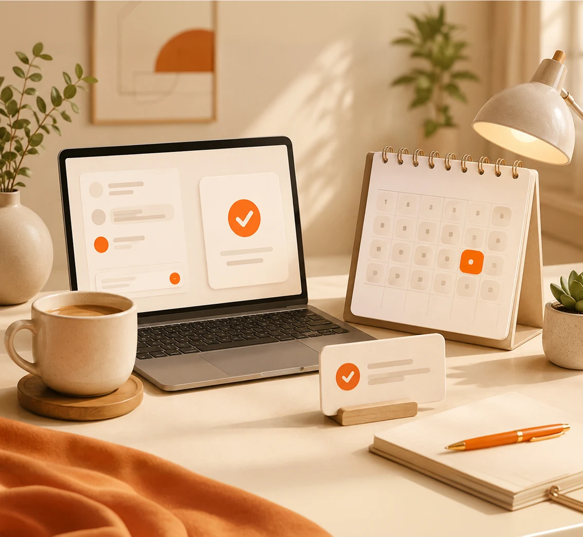 3D illustration of a streamlined business workflow with a laptop dashboard, automated task checklist, and desk calendar