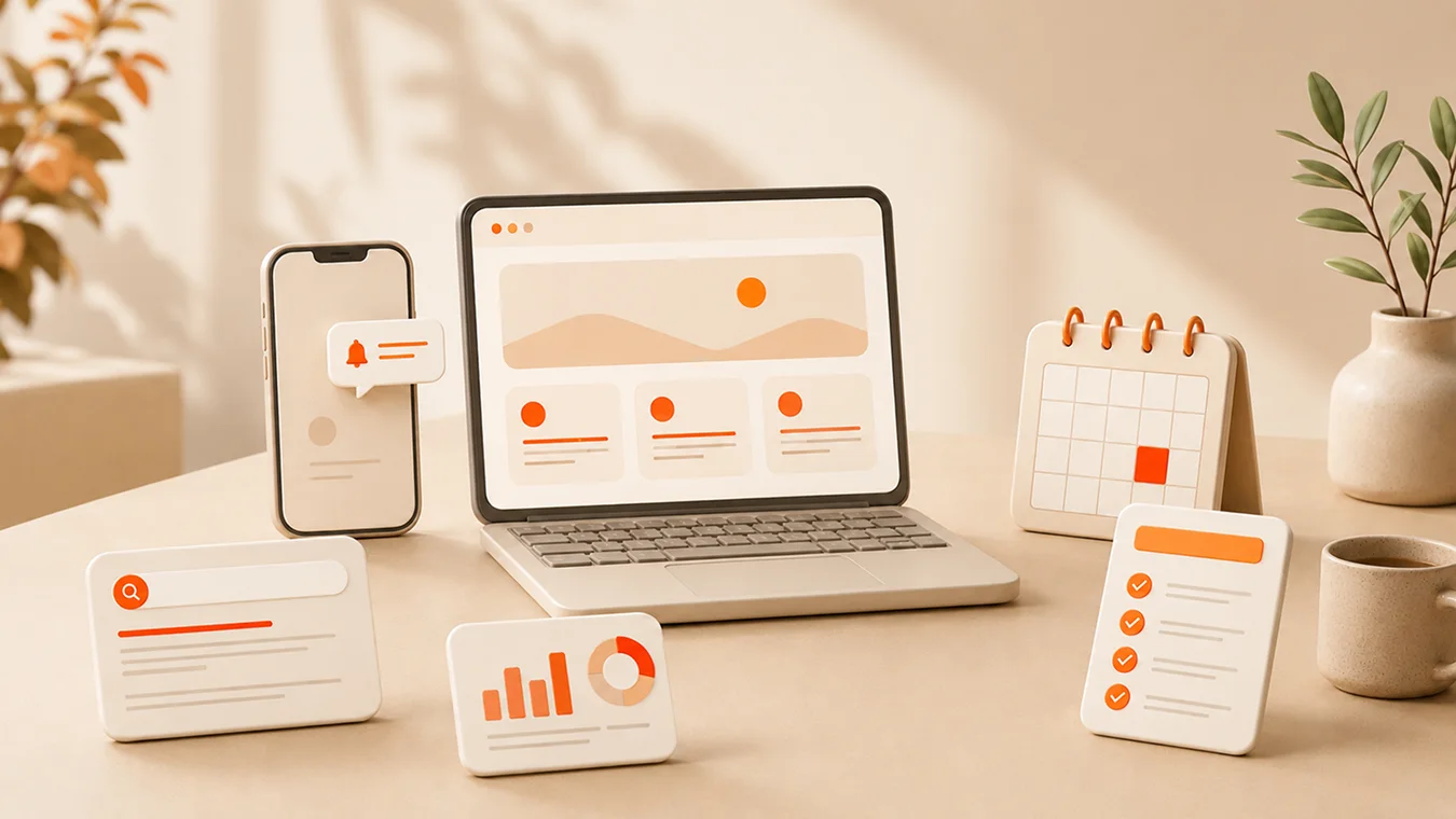 3D illustration of an integrated business dashboard with a laptop, mobile app notifications, productivity checklist, and analytics charts