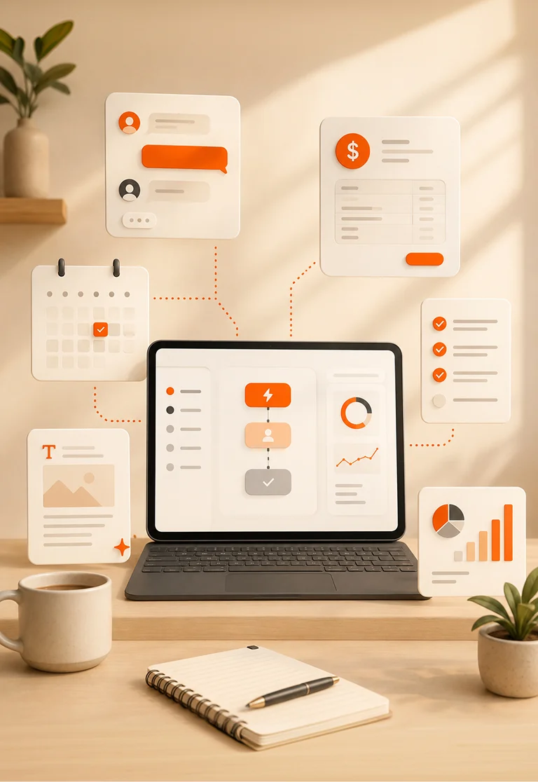 3D illustration of an AI-powered business workflow dashboard on a tablet showing task management, financial tracking, and data analytics