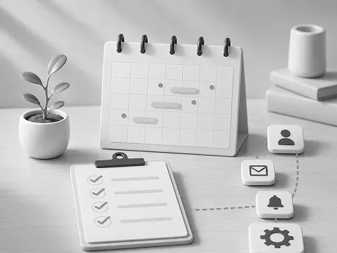 3D project management workflow with a desk calendar and automated task checklist for busy businesses