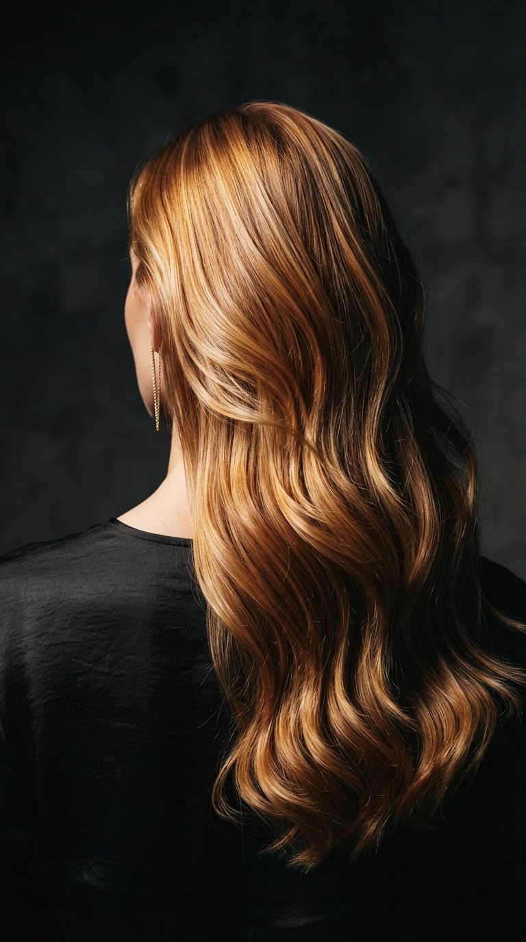Dramatic portrait showcasing dimensional hair color with warm copper and blonde tones, lit with chiaroscuro lighting