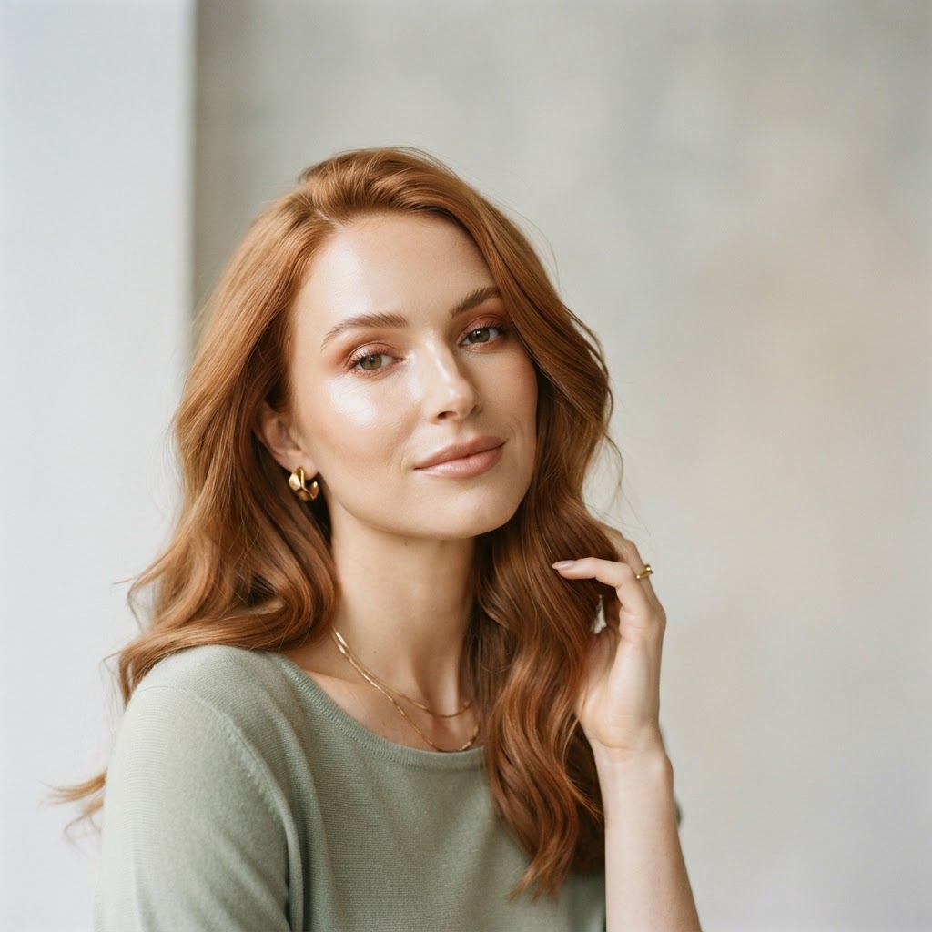 Editorial beauty portrait with soft natural makeup against a light background