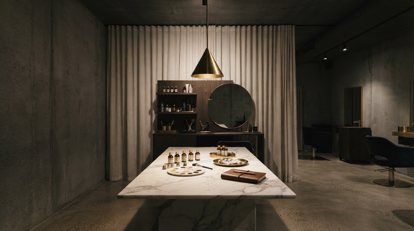 Minimalist luxury salon studio interior with concrete walls, soft linen, and brass pendant lighting