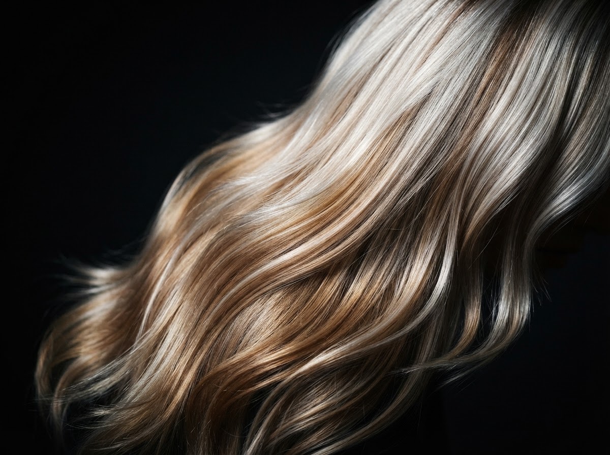 Extreme close-up of luxurious hair strands showing dimensional platinum and honey color, dramatic side lighting