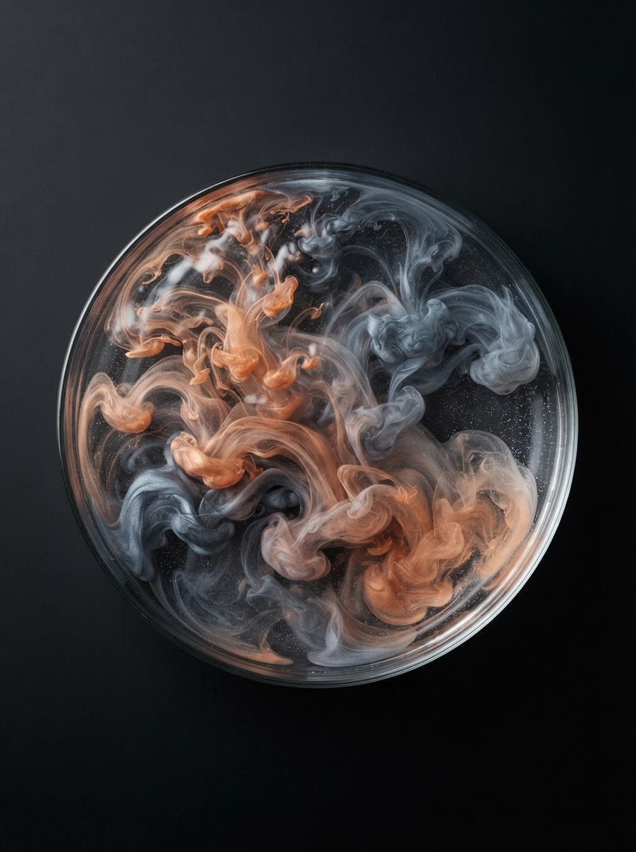 Elegant pigment clouds dispersing in liquid, warm copper and cool ash tones swirling together