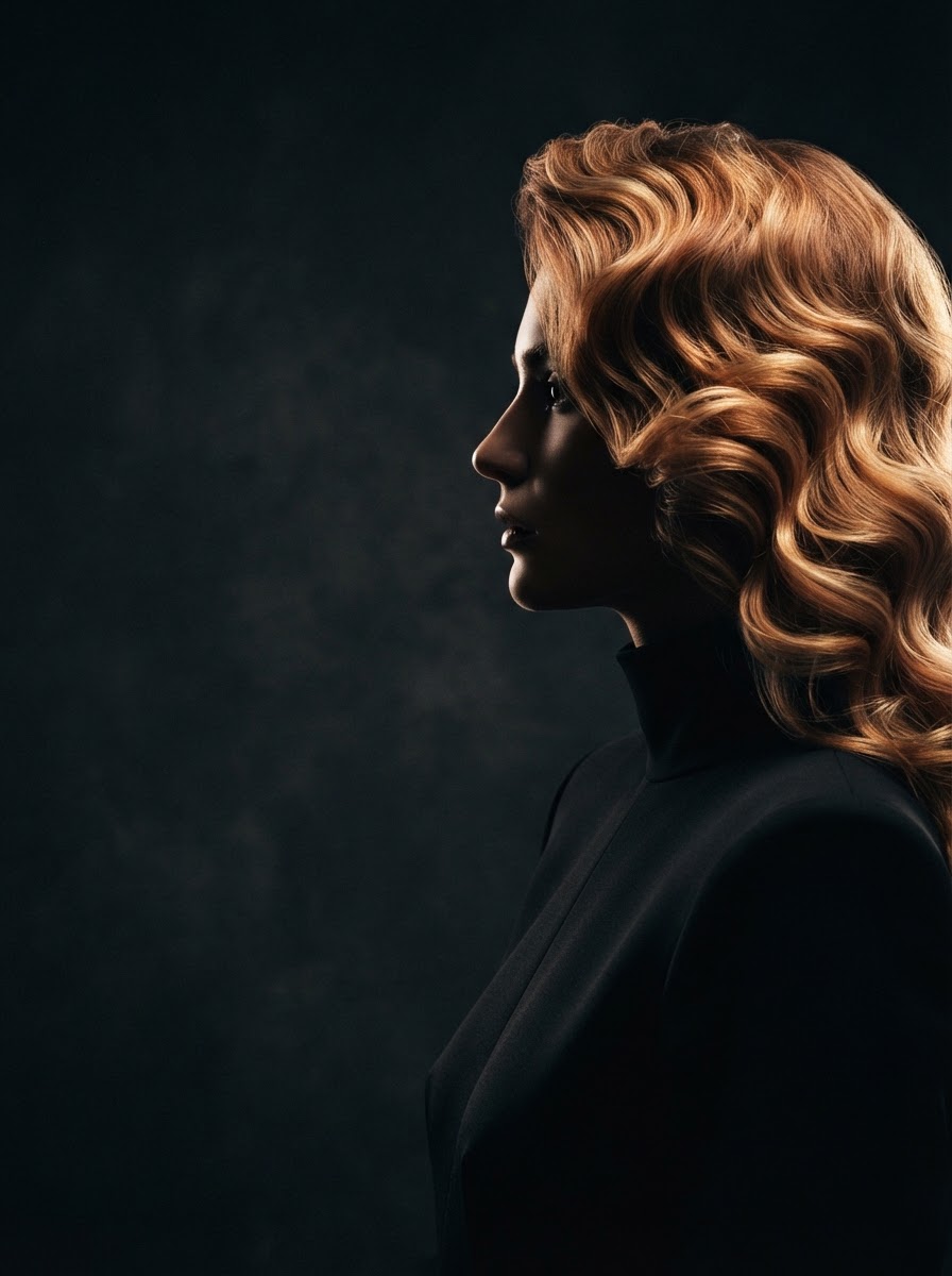 Profile silhouette of woman with elegant waves in copper and warm blonde, lit from behind with glowing edge