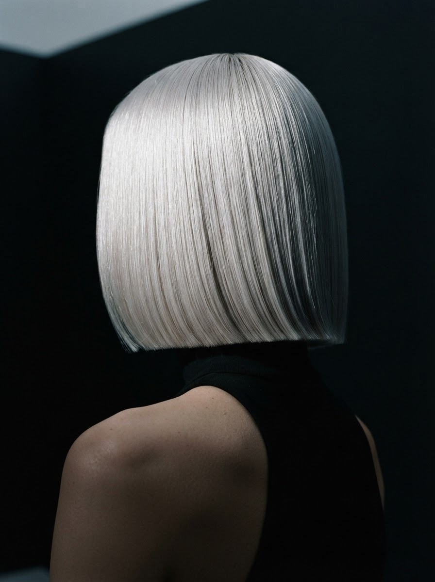 Back of head showing stunning cool ash platinum blonde, sleek glossy finish, dramatic chiaroscuro lighting