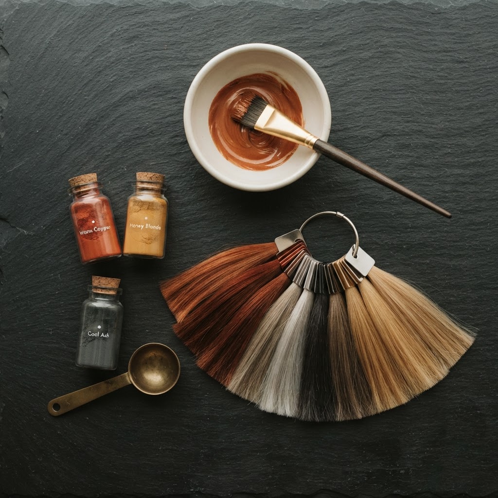 Artistic flat lay of luxury hair color mixing tools, pigment bottles, and color swatches on dark slate