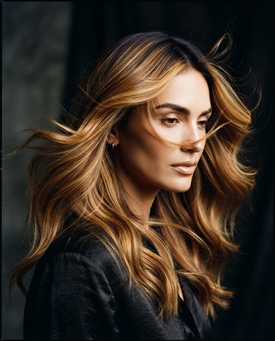 Flowing hair in warm balayage tones with honey blonde and caramel highlights, movement caught mid-air