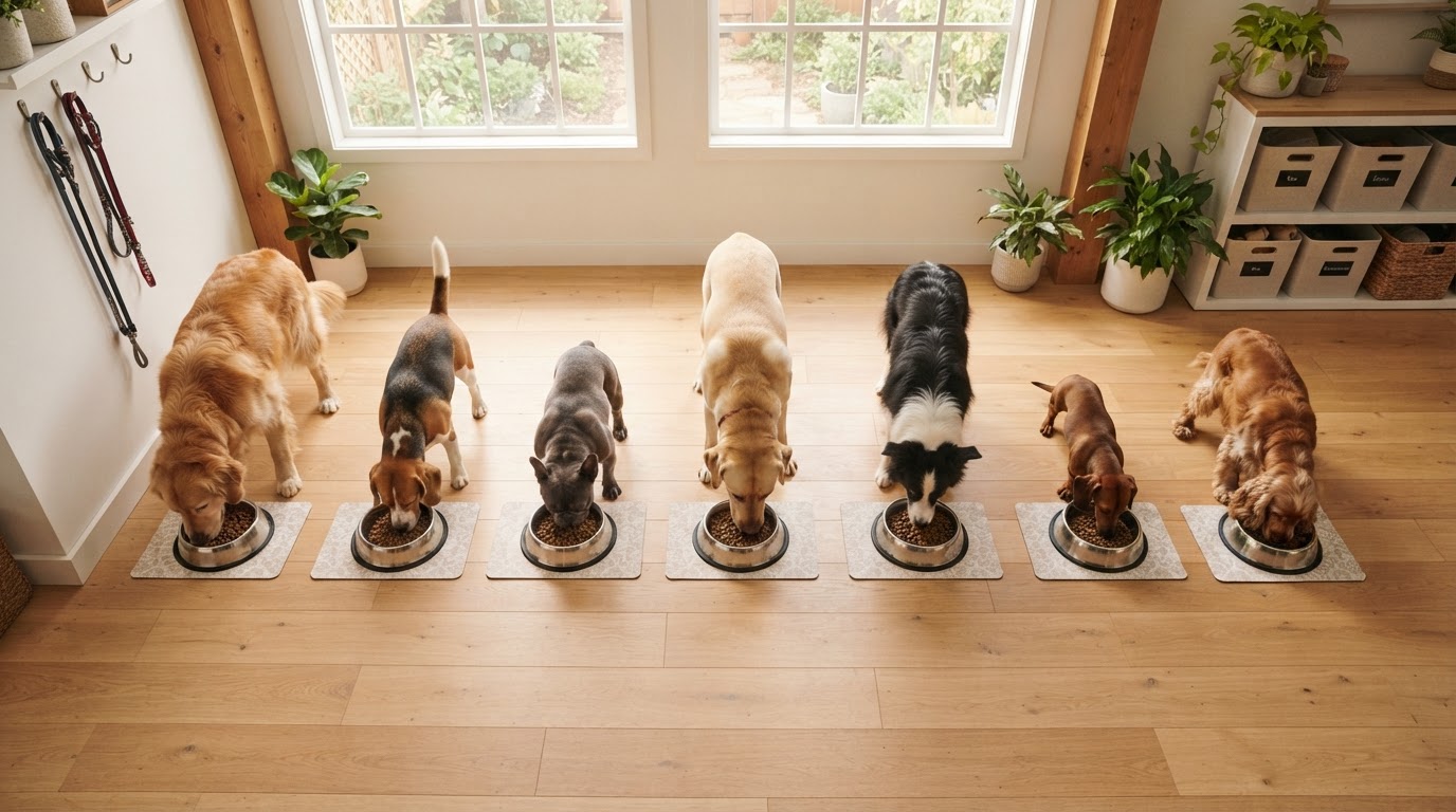 Dogs being individually fed