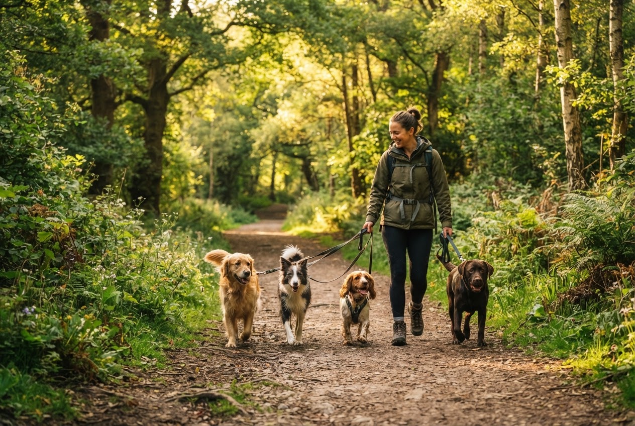 Dogs on a scenic walk through woodland