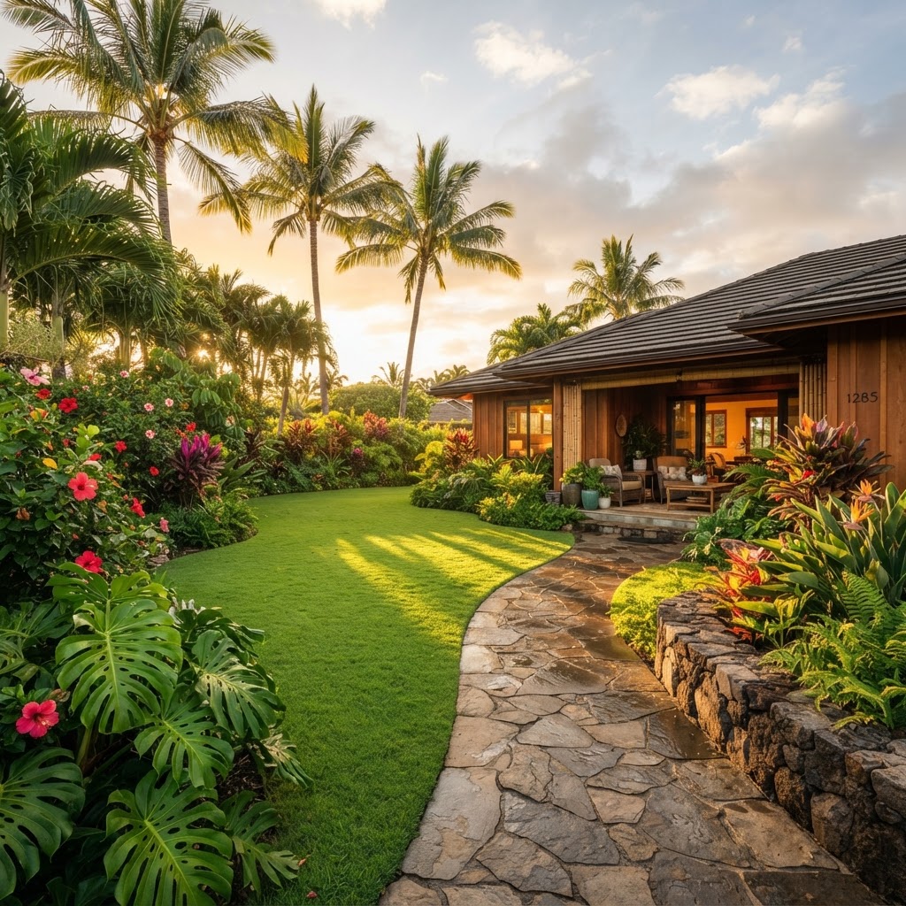Beautifully manicured Hawaiian yard at golden hour