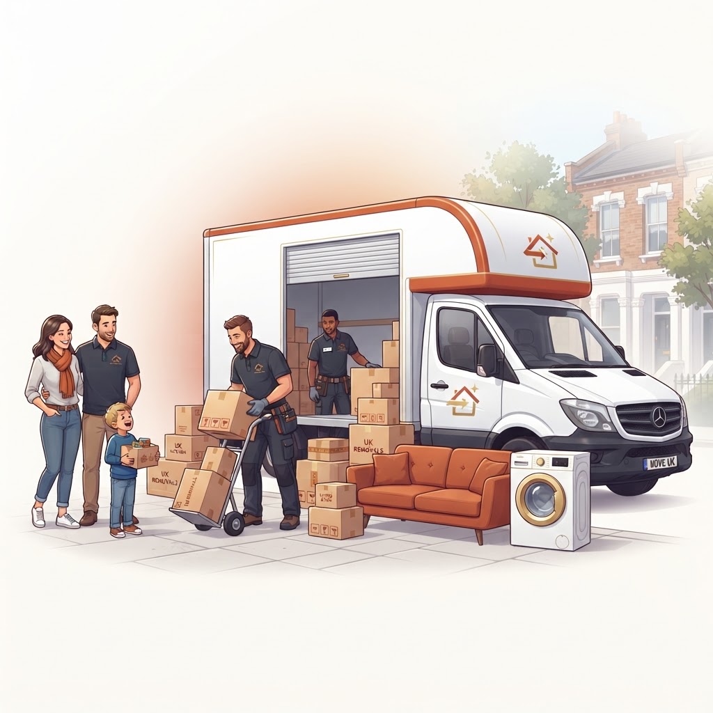 Movers Exchange professional movers with Luton van, moving boxes, sofa and washing machine
