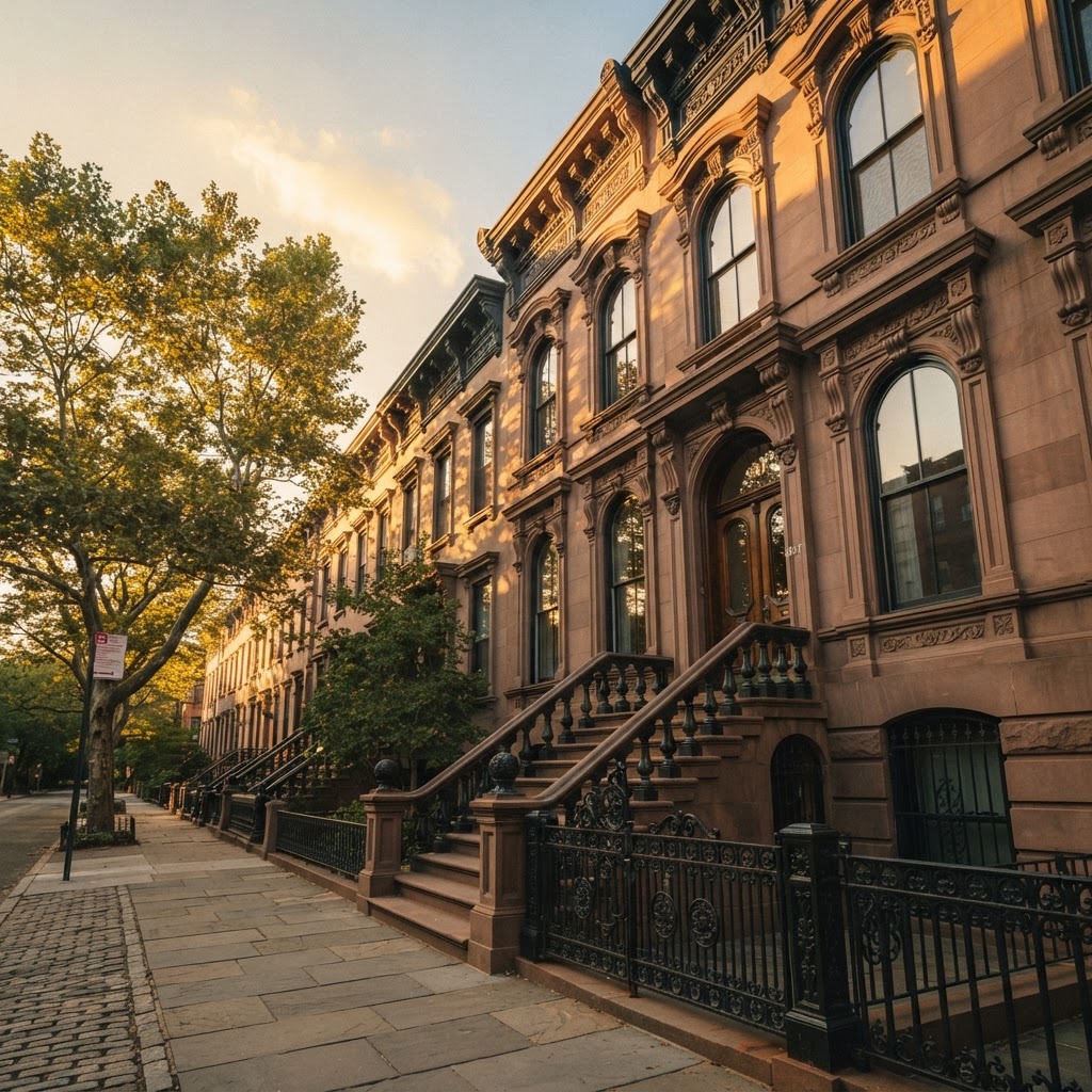 Brooklyn brownstone stoop at dawn with golden sunlight on limestone facade