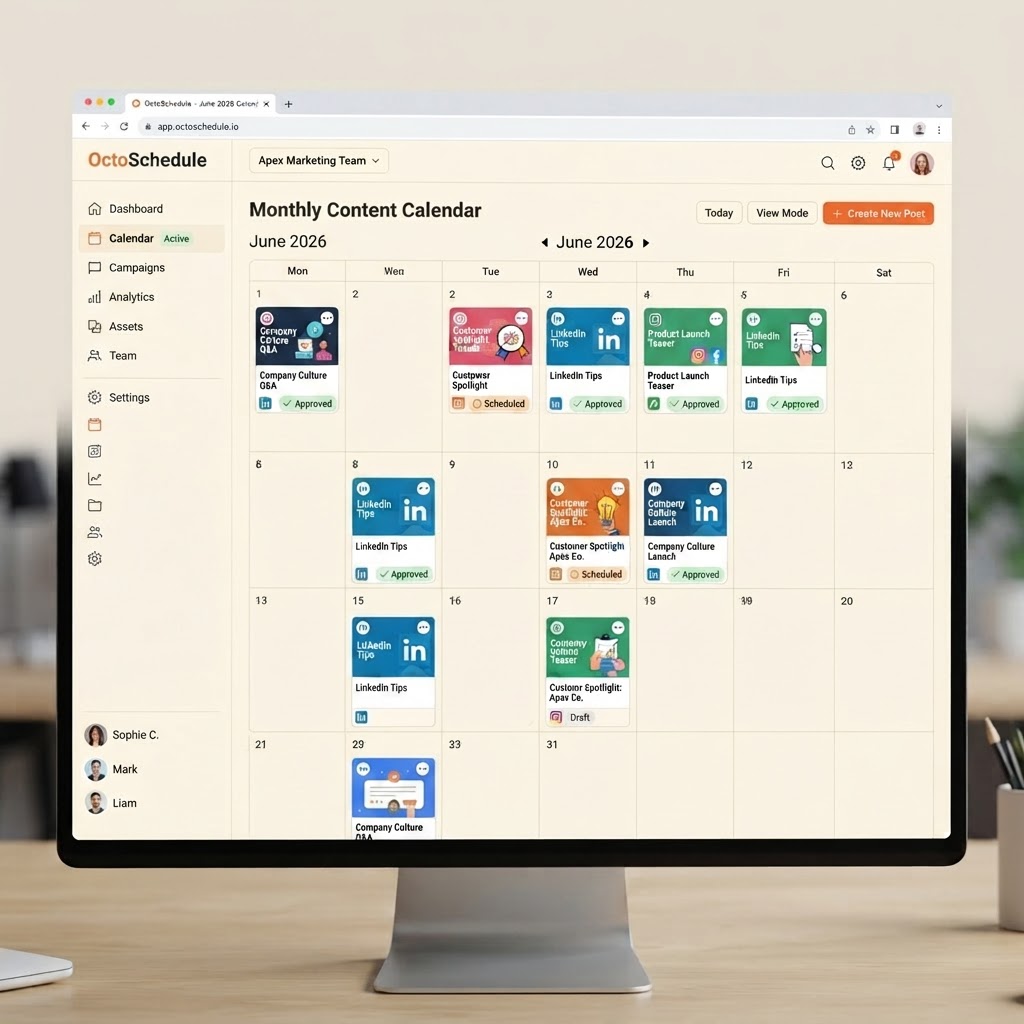 Monthly social media content calendar with approved posts