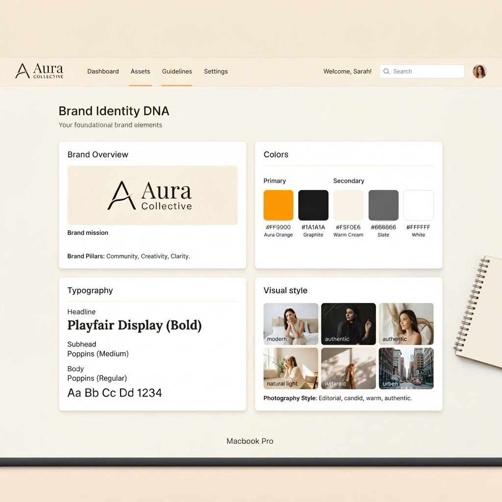 Brand DNA workspace showing a logo, colors, typography, and visual style