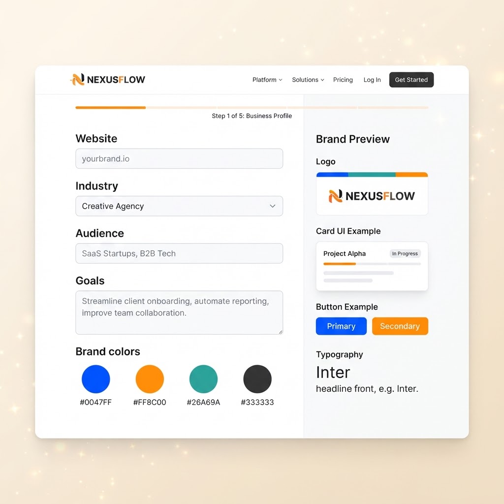 Business onboarding screen with brand details and goals