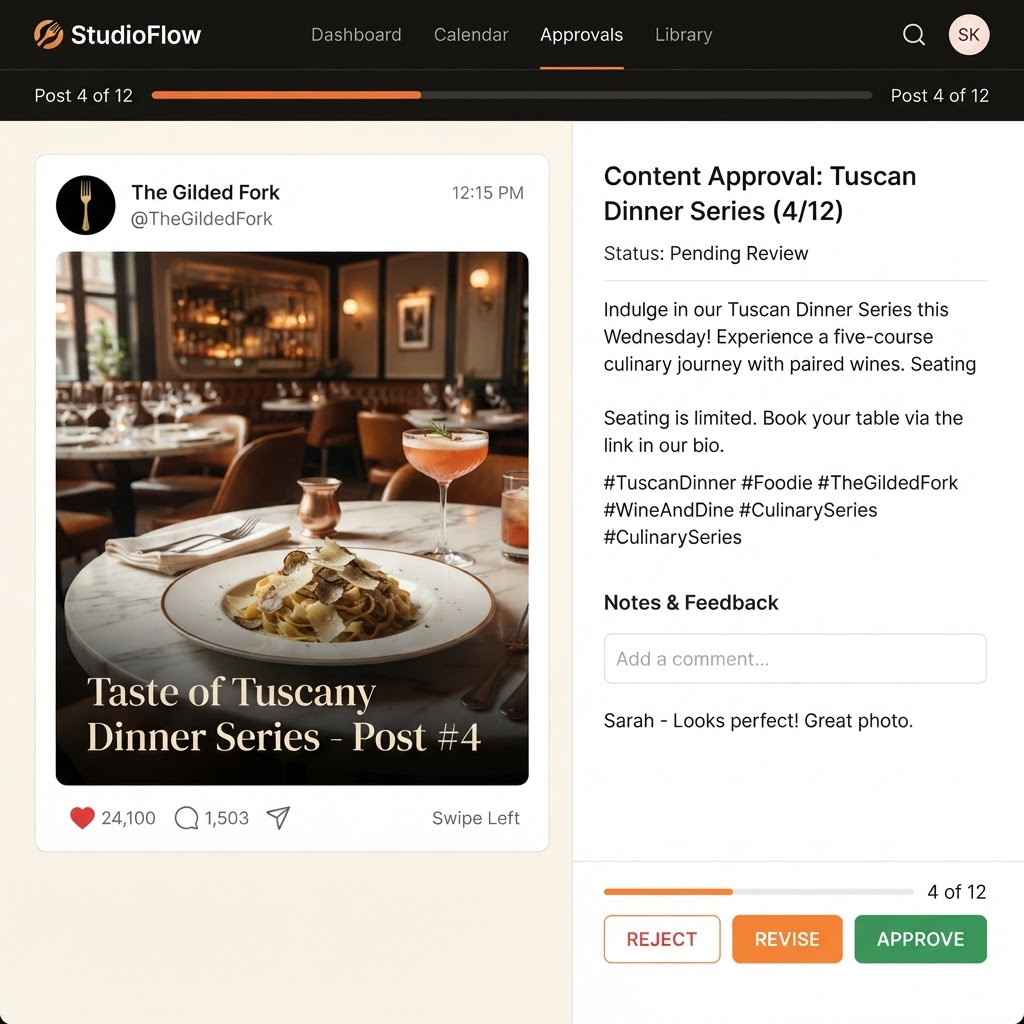 Social media post approval screen with review controls