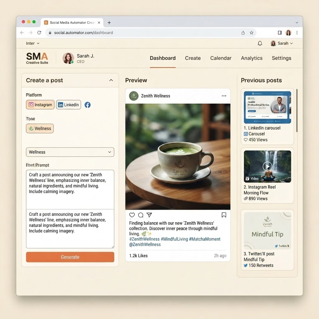 Creative Suite post composer with generated posts and history