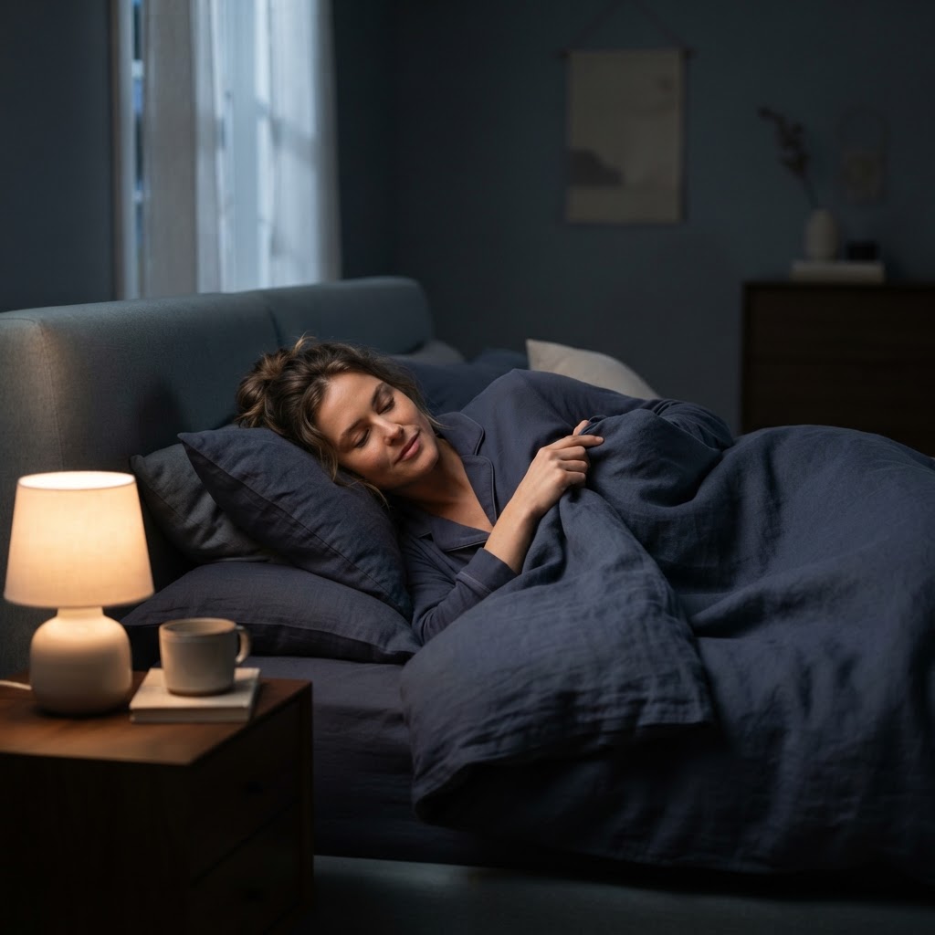 Personne s'installant dans un lit tamisé