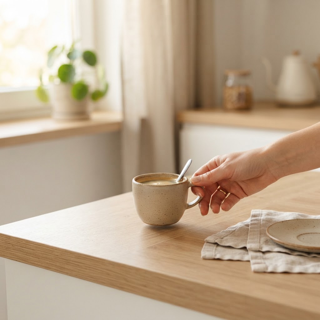 Tasse de café posée sur un plan de travail matinal