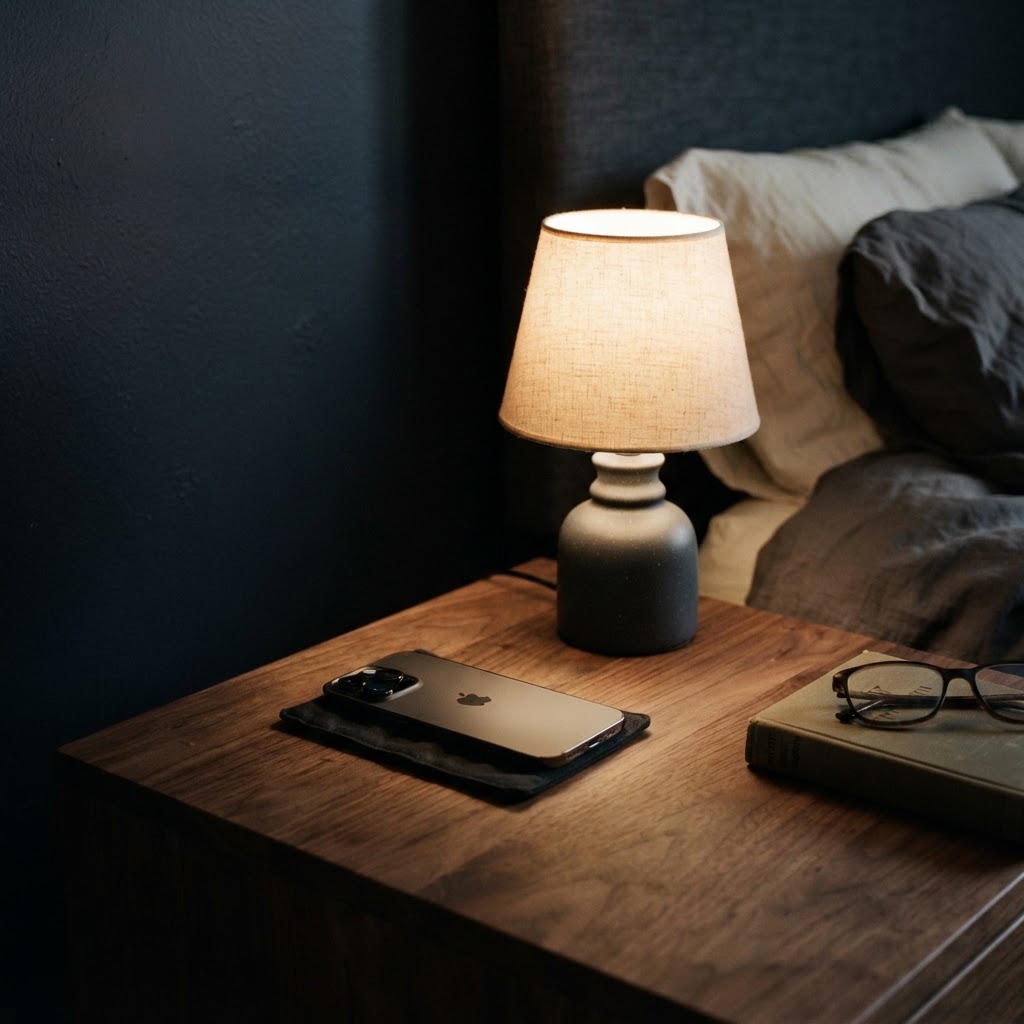 Smartphone retourné sur une table de chevet
