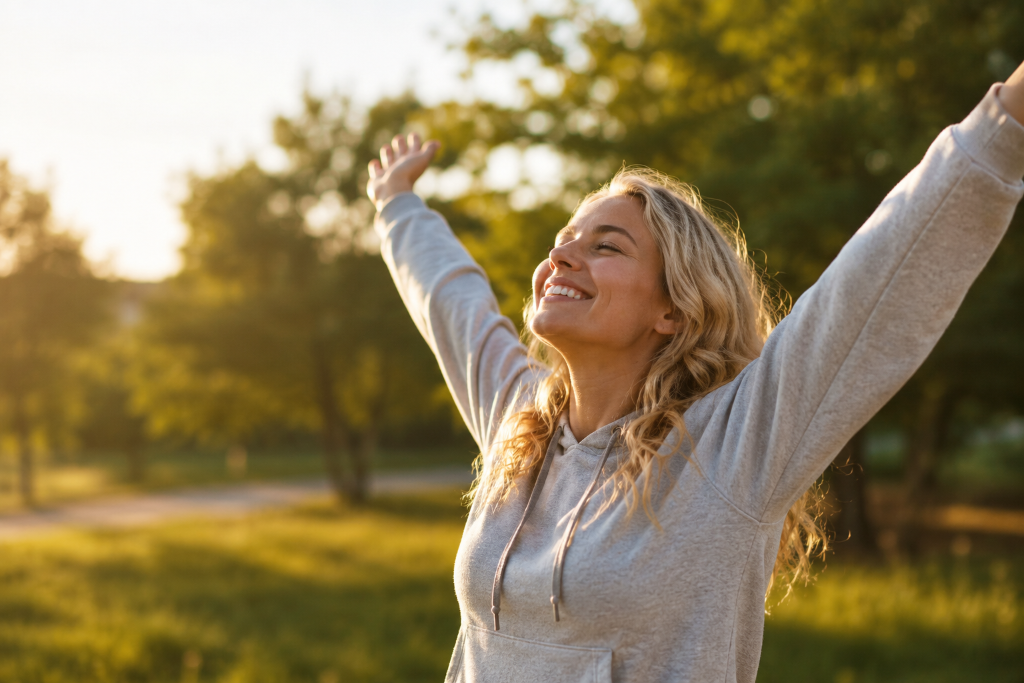 Femme levant les bras au lever du soleil