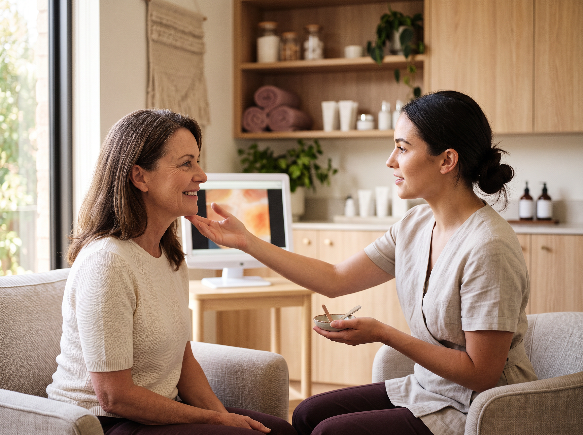 A woman during a face-and-neck treatment consultation