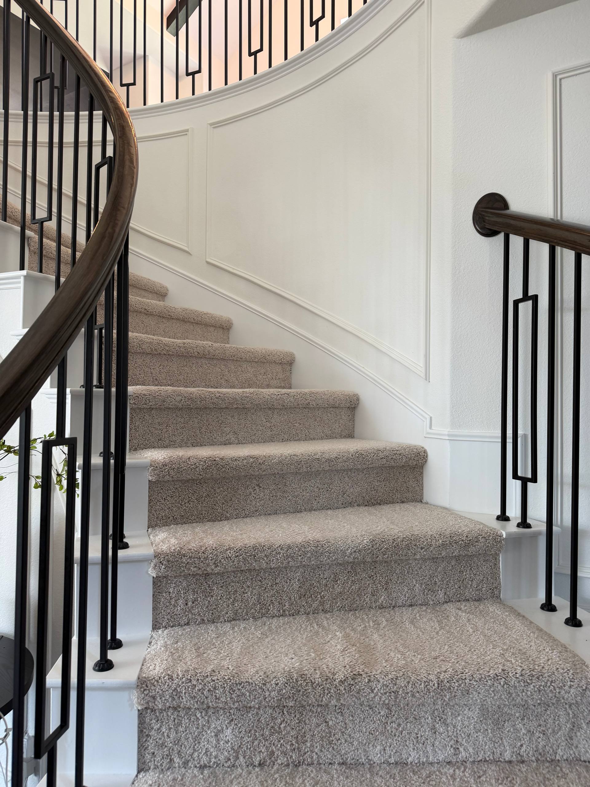 Curved carpeted staircase with dark wood handrail, black metal balusters and detailed wall paneling