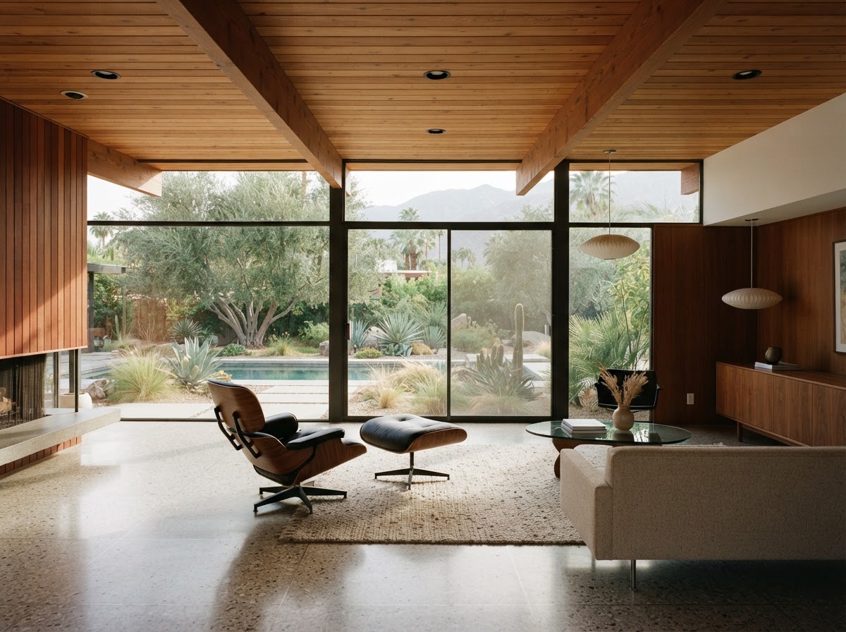 Mid-century modern interior with post-and-beam ceiling, terrazzo floors, and floor-to-ceiling glass overlooking a landscaped garden