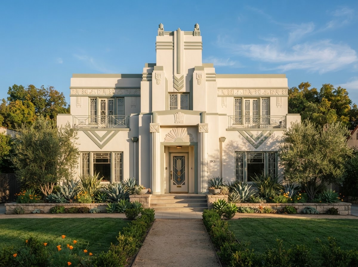 Art Deco residential home with geometric ornamentation, stepped facade, and streamlined forms in morning light