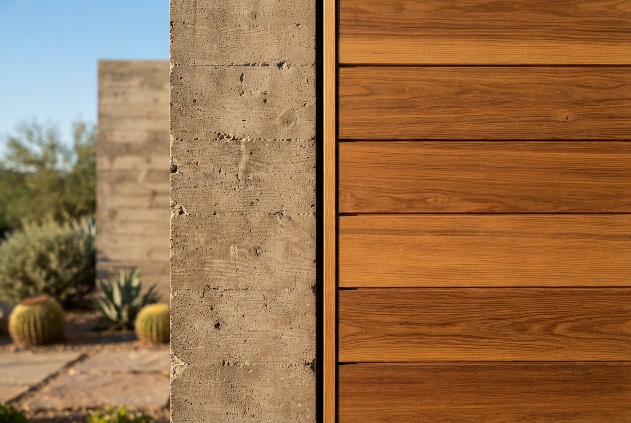 Architectural detail showing the intersection of concrete and warm wood grain with natural light creating dramatic shadows