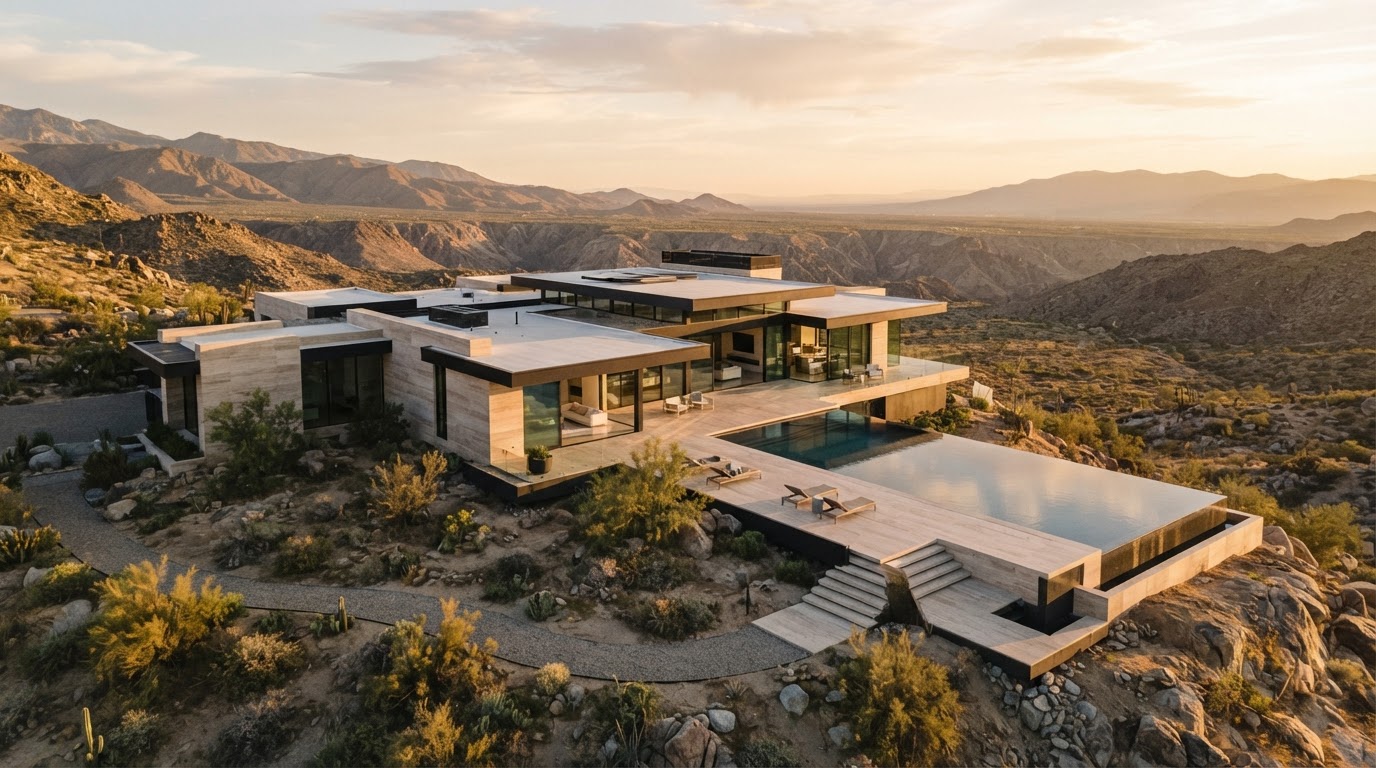 Aerial view of a contemporary architectural home with flat roof and infinity pool in California desert landscape at golden hour