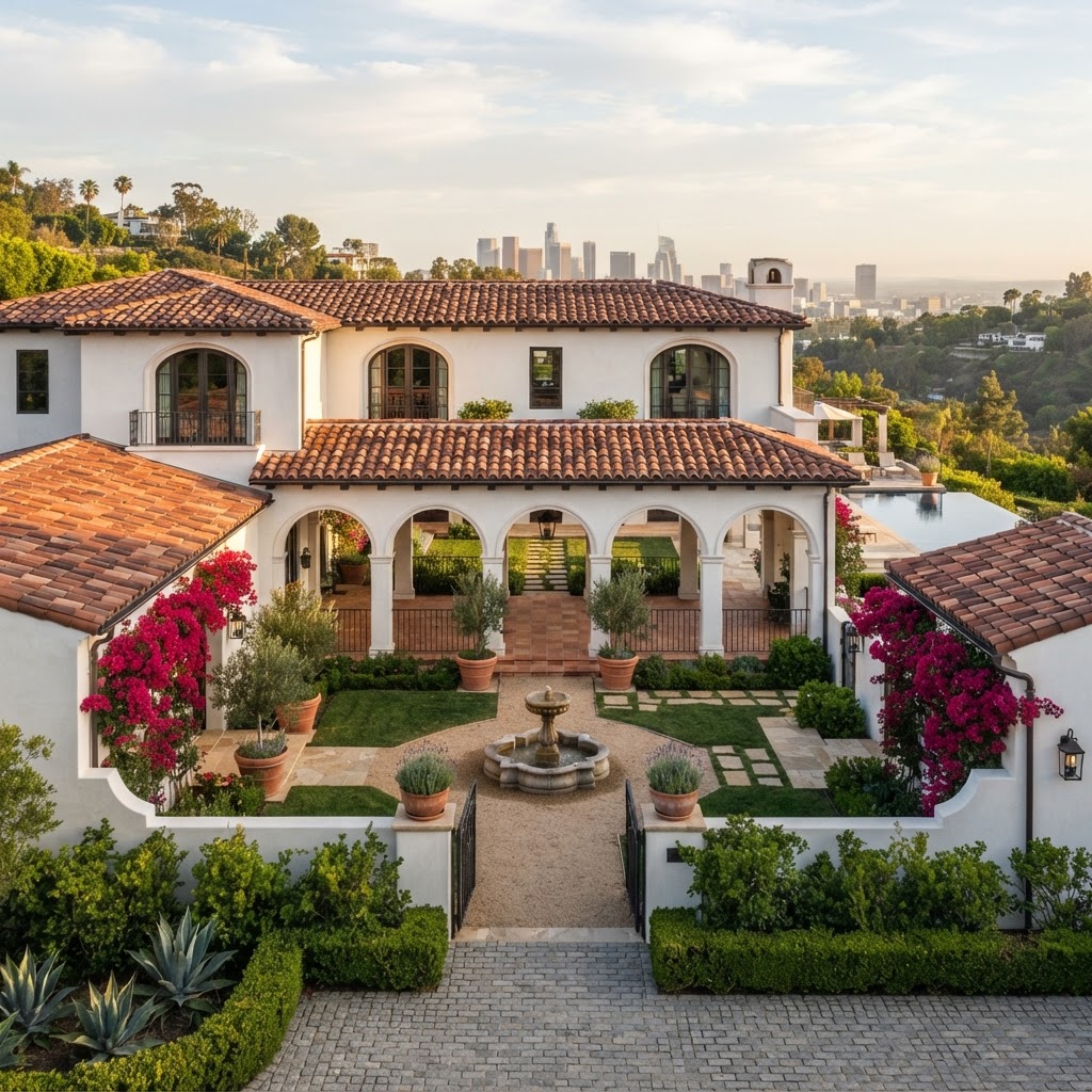 Mediterranean Revival estate with white stucco walls, red clay tile roof, arched loggias, and bougainvillea in warm golden light