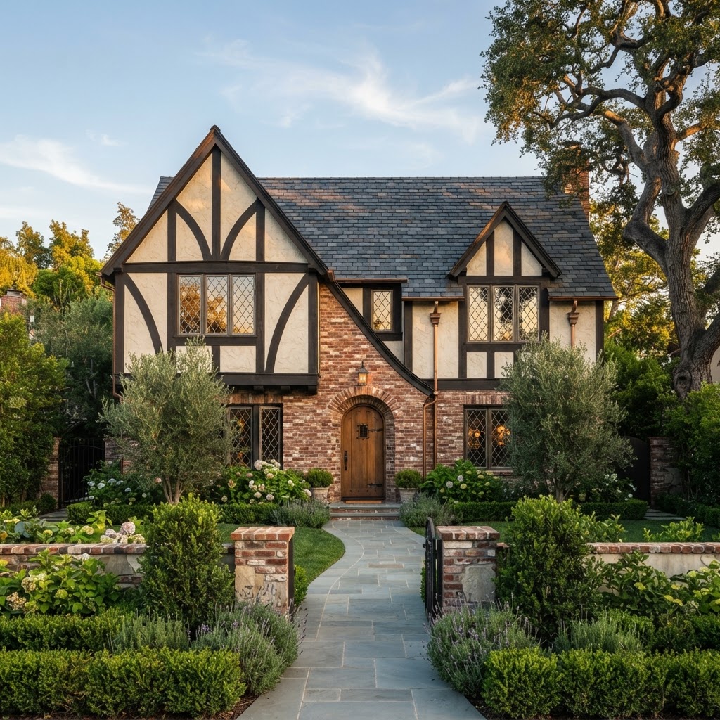 Tudor Revival residence with half-timbered gables, steeply pitched slate roof, and leaded glass windows in golden light