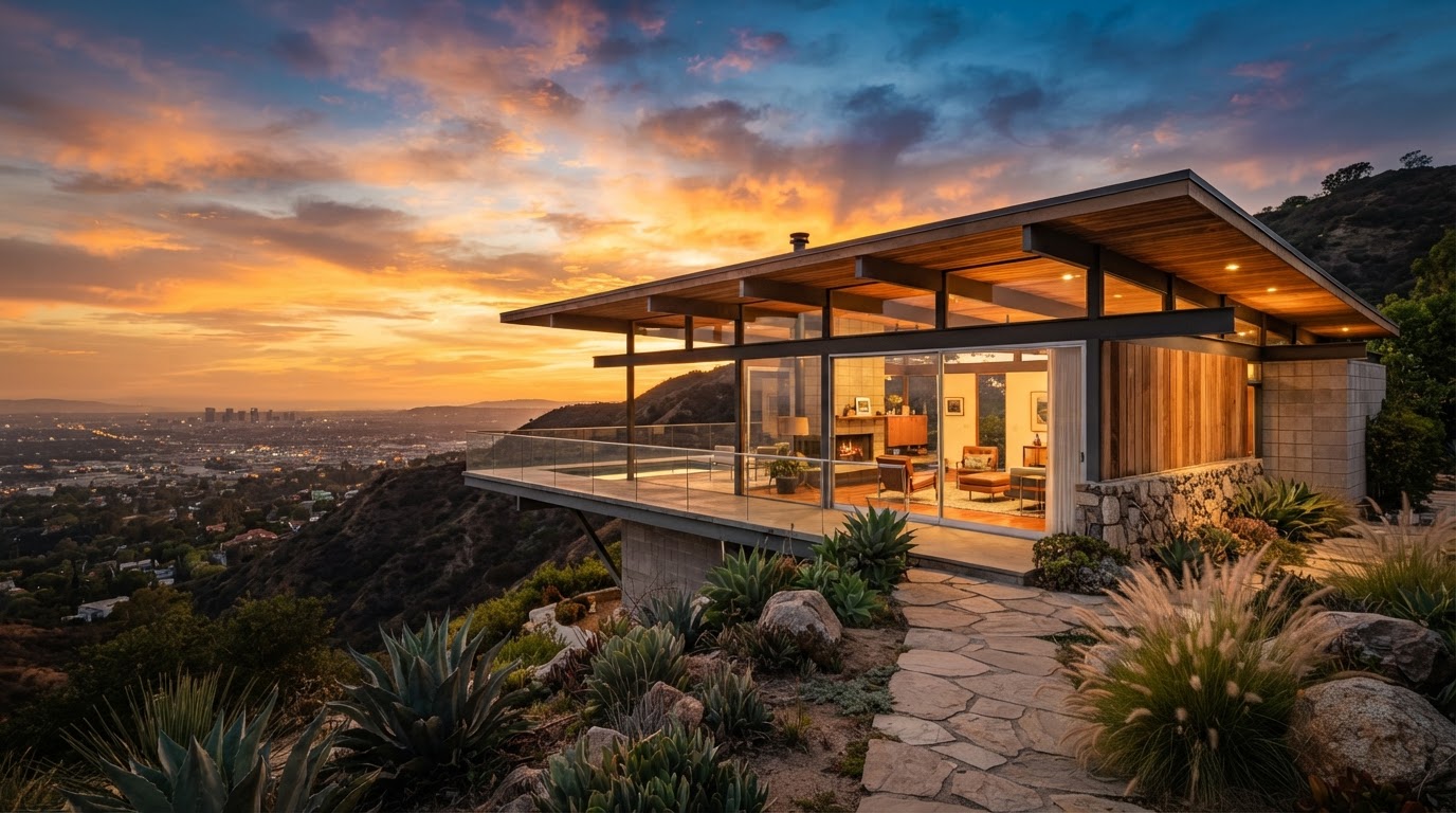 Cinematic view of a mid-century modern home in the Los Angeles hills at golden hour showing cantilevered rooflines and floor-to-ceiling glass