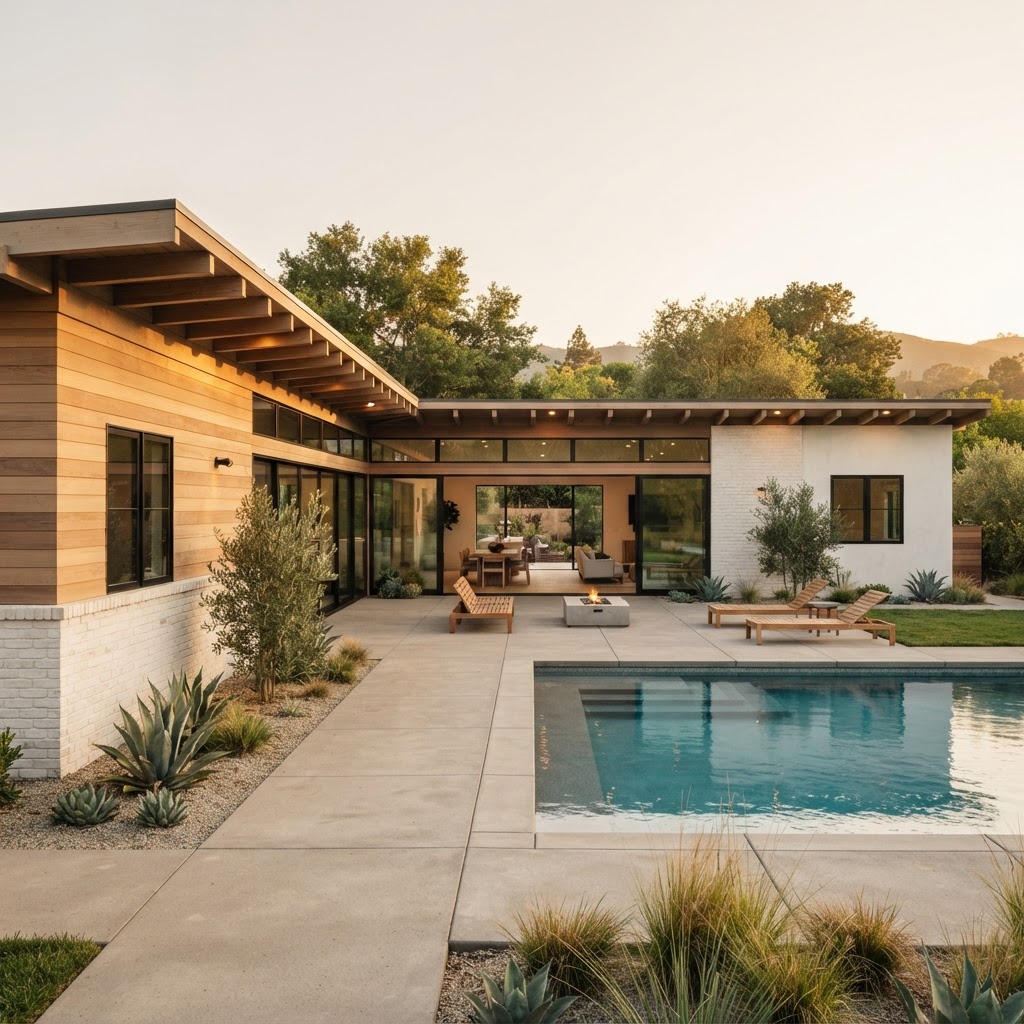California Ranch home with low single-story profile, deep eaves, and sliding glass doors opening to a patio in golden light