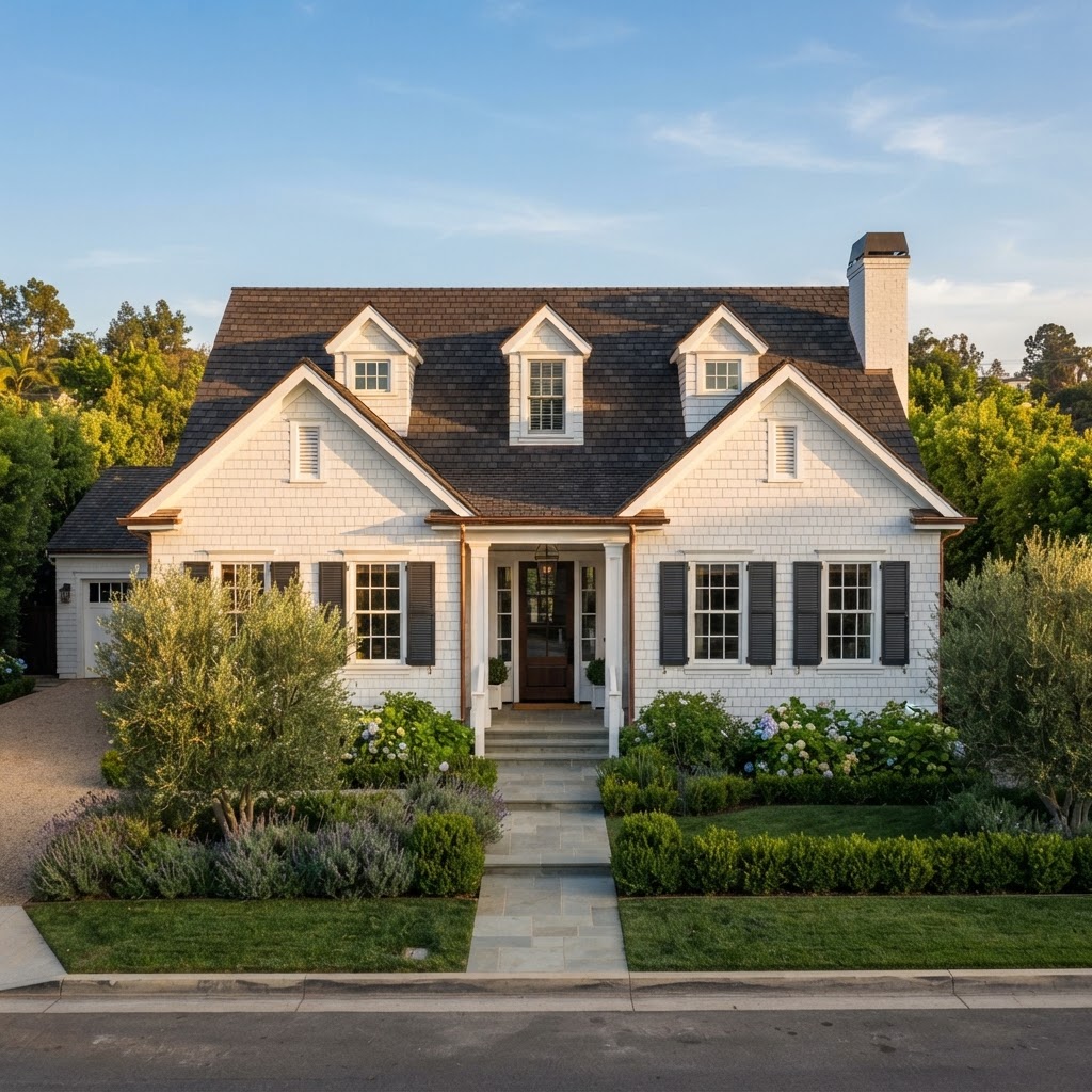 Cape Cod style home with steep gabled roof, shingle siding, symmetrical windows with shutters, and dormers in golden light