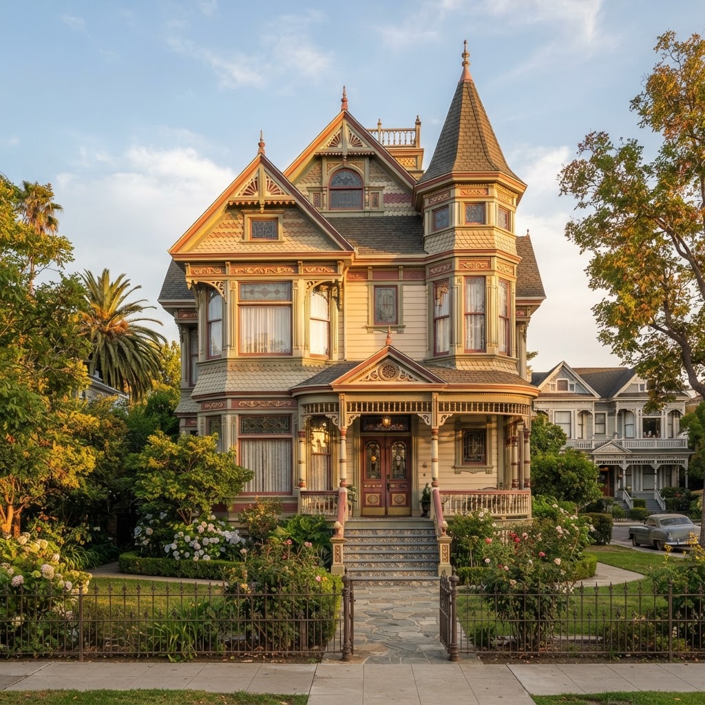 Victorian residence with ornate painted facade, steep gables, bay windows, and decorative spindlework in golden light