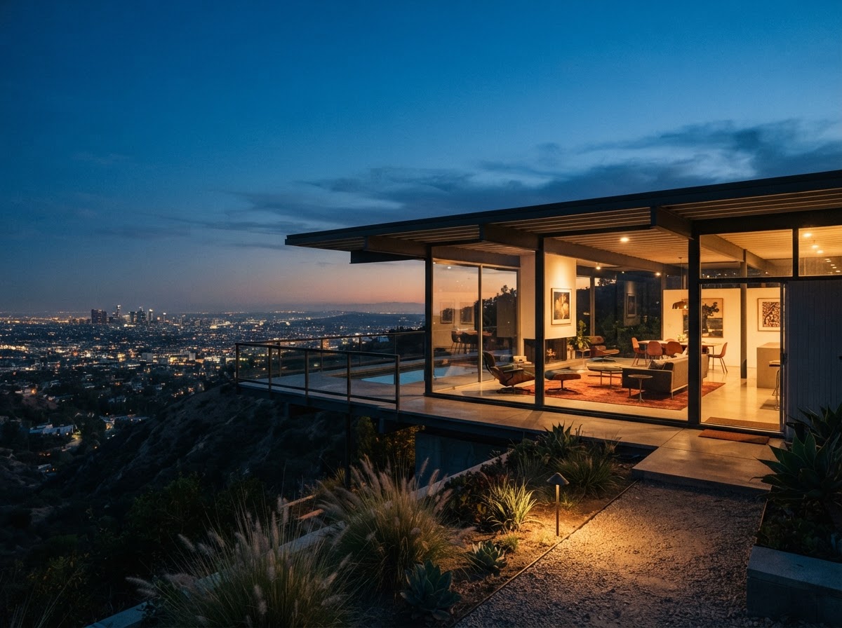 Modernist home with steel frame and glass walls perched on a hillside at dusk, demonstrating organic integration with landscape