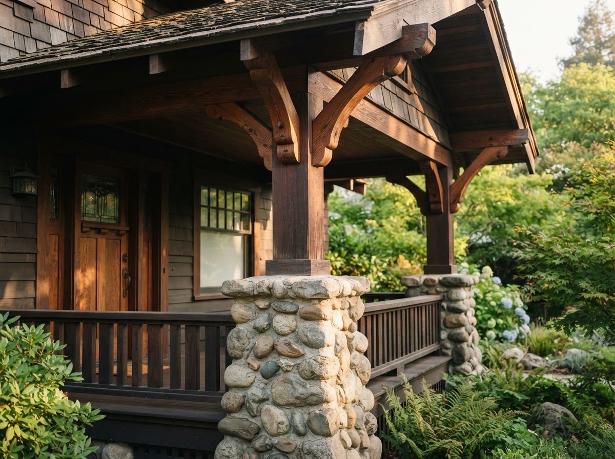Craftsman home porch detail showing river stone columns and hand-carved wood brackets under deep overhanging eaves